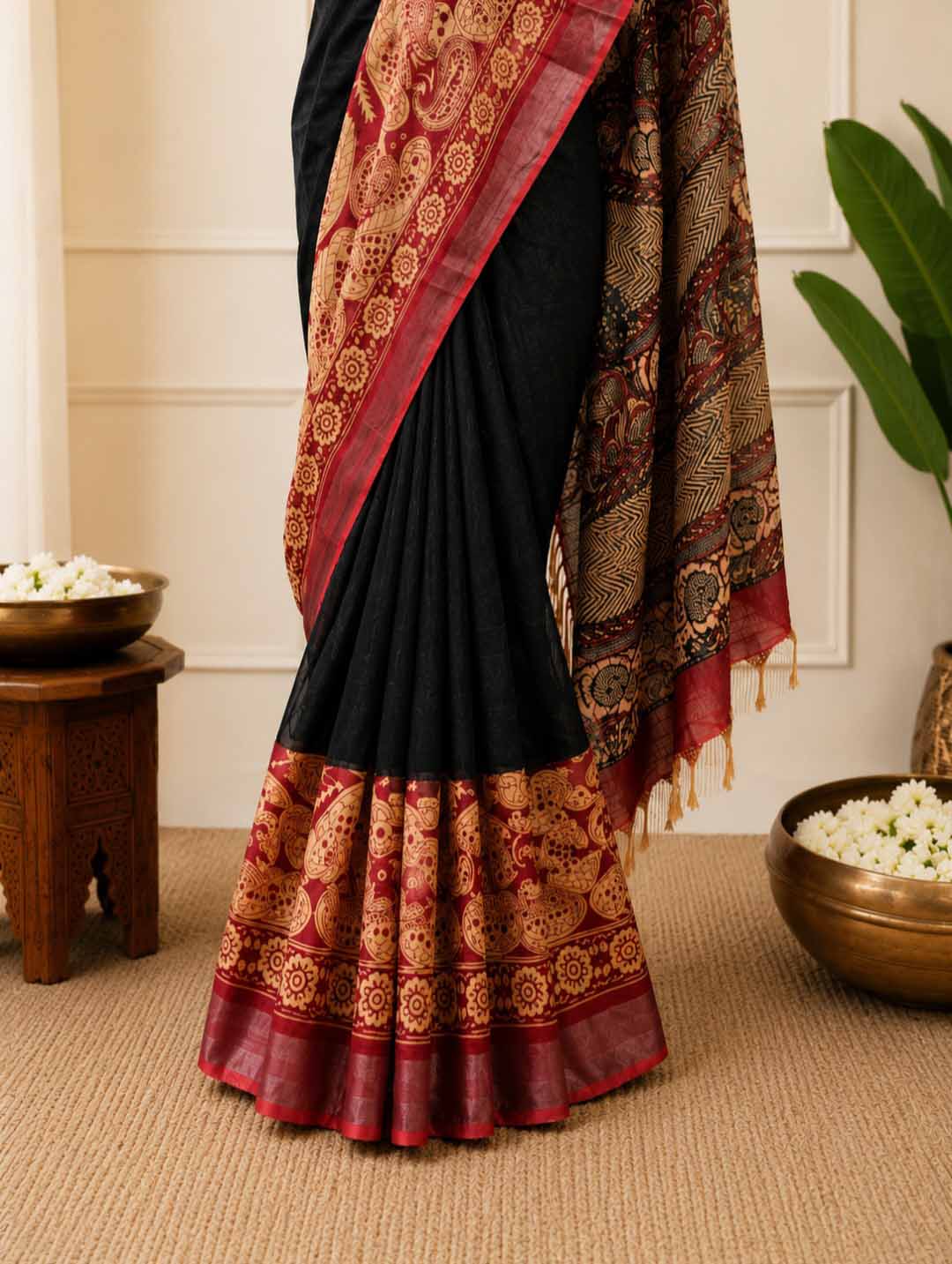 Black and Maroon Hand Block Print Linen Cotton Saree