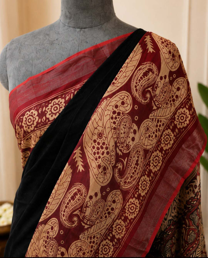 Black and Maroon Hand Block Print Linen Cotton Saree