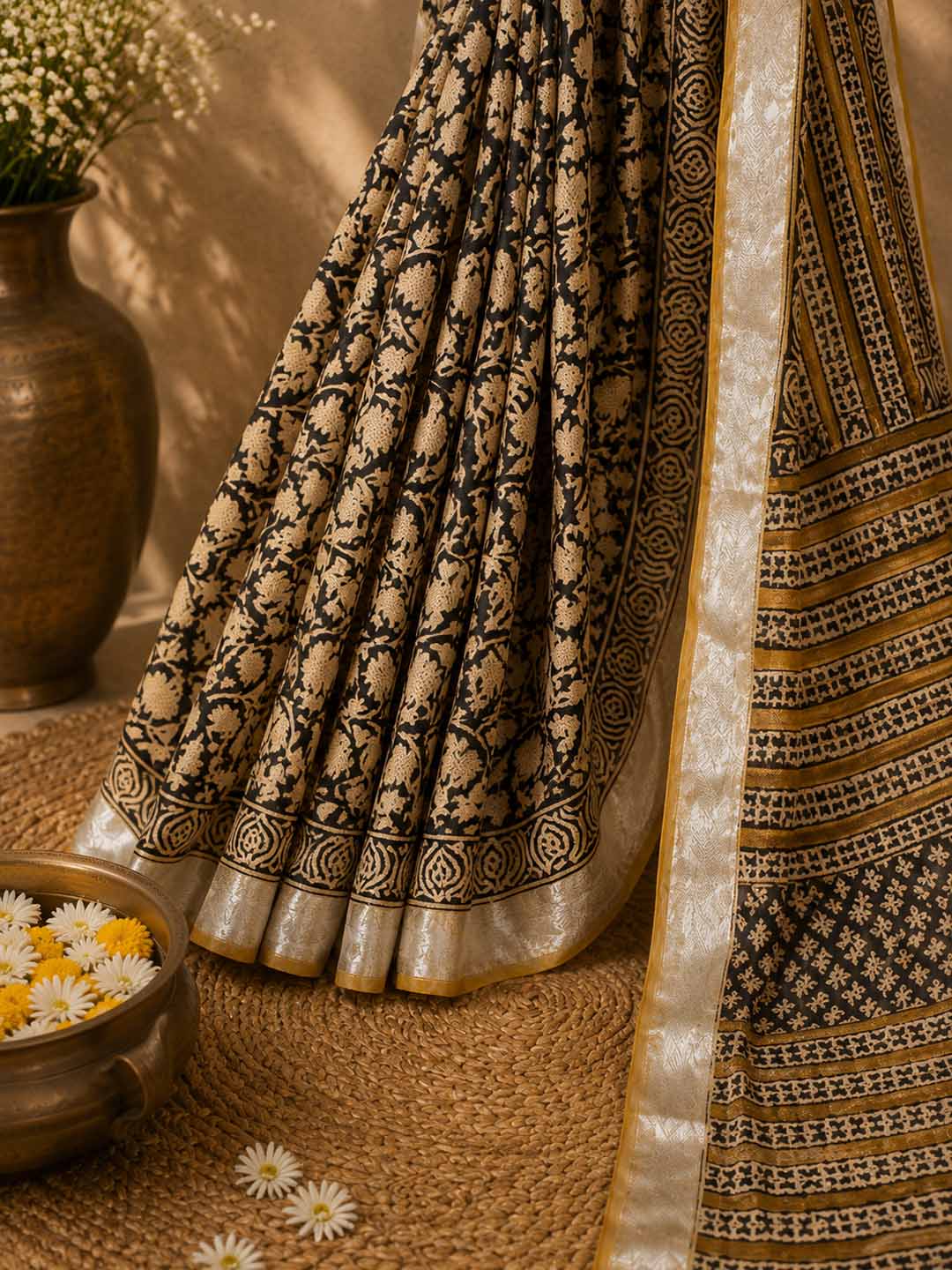 Black And  Beige Floral Hand Block Print Linen Saree