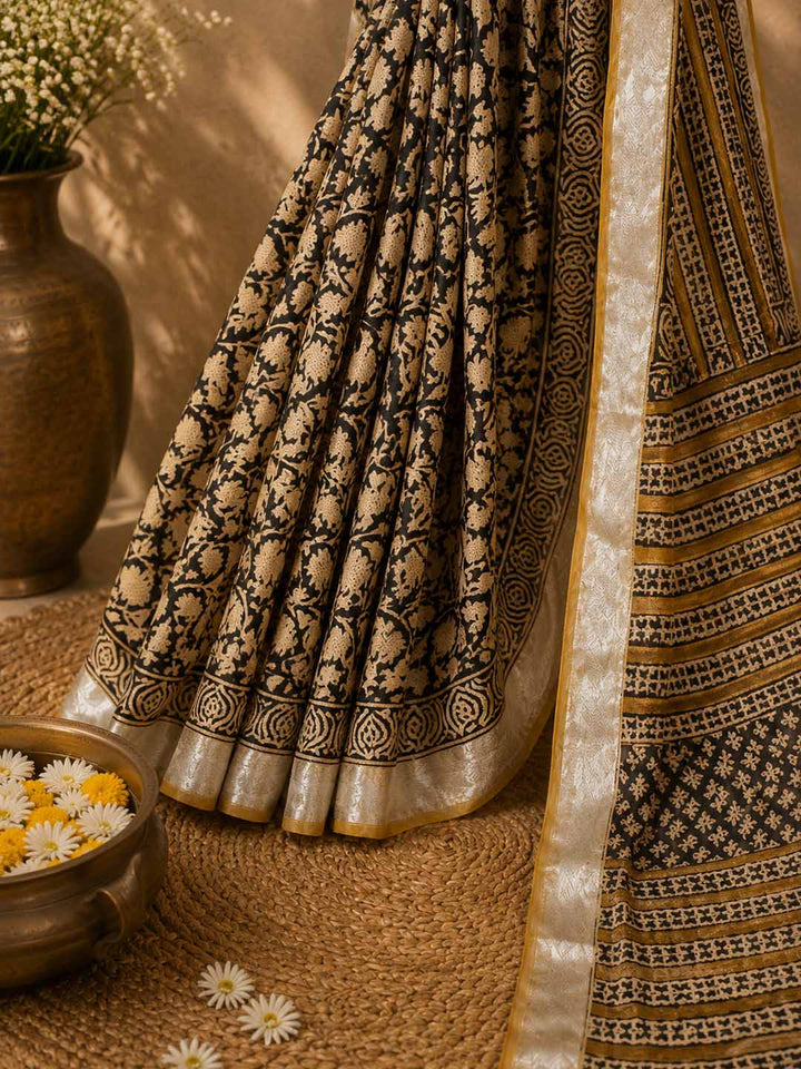 Black And  Beige Floral Hand Block Print Linen Saree