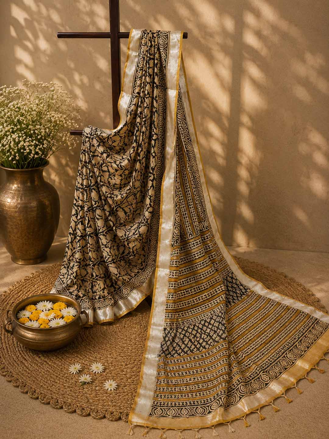 Black And  Beige Floral Hand Block Print Linen Saree