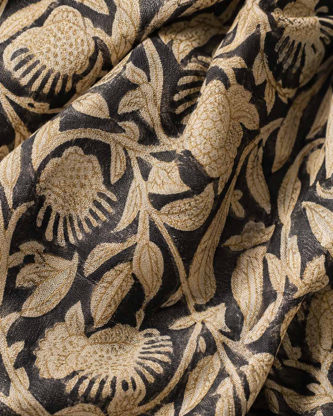 Black And  Beige Floral Hand Block Print Linen Saree