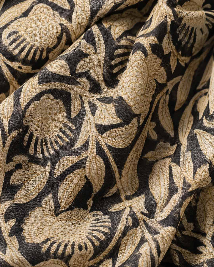 Black And  Beige Floral Hand Block Print Linen Saree