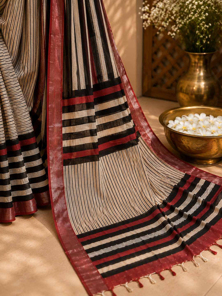 Beige And Black and Strips Floral Hand Block Print Linen Cotton Saree