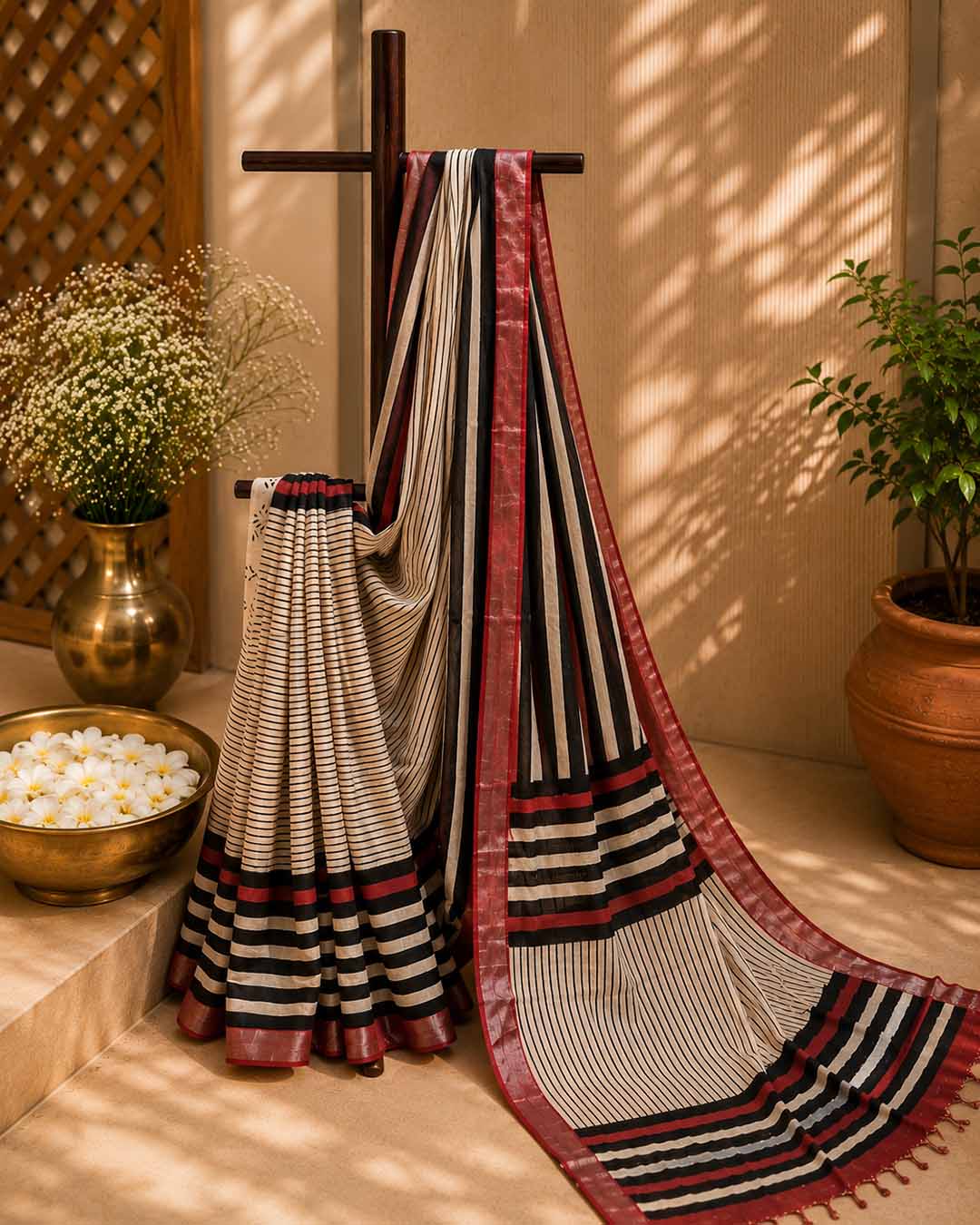 Beige And Black and Strips Floral Hand Block Print Linen Cotton Saree