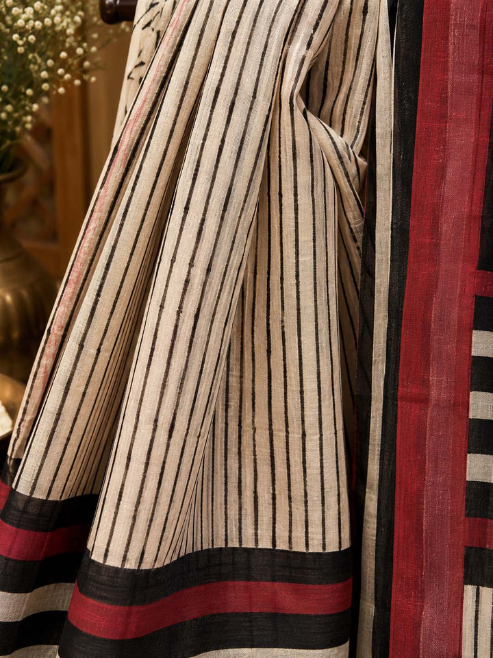 Beige And Black and Strips Floral Hand Block Print Linen Cotton Saree
