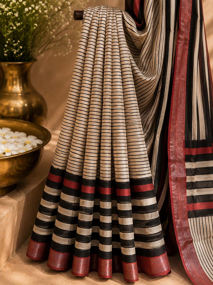 Beige And Black and Strips Floral Hand Block Print Linen Cotton Saree