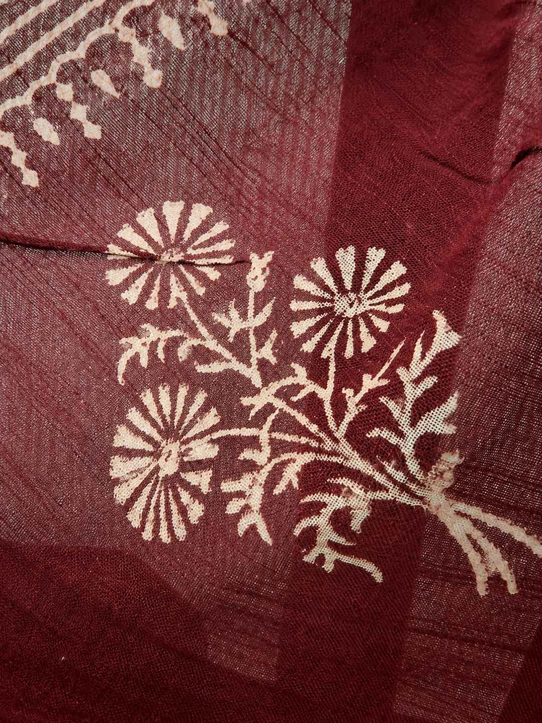 Maroon And Beige Floral Hand Block Print Linen Cotton Saree