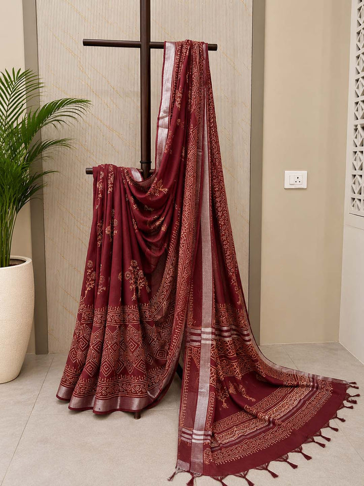 Maroon And Beige Floral Hand Block Print Linen Cotton Saree