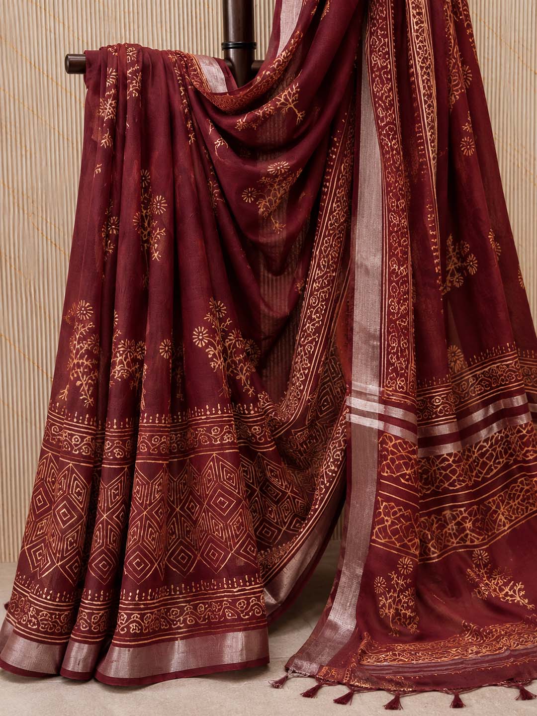 Maroon And Beige Floral Hand Block Print Linen Cotton Saree