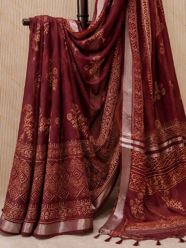 Maroon And Beige Floral Hand Block Print Linen Cotton Saree