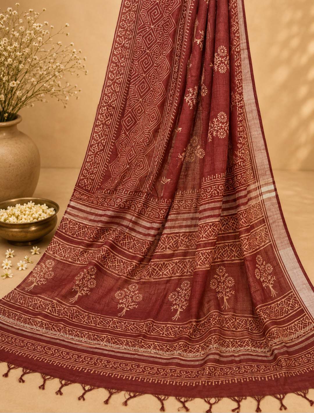 Maroon And Beige Floral Hand Block Print Linen Cotton Saree