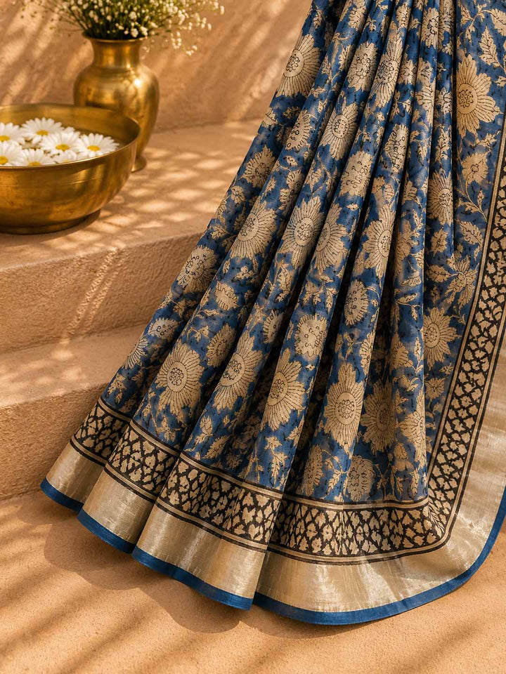 Blue Floral Hand Block Print Linen Cotton Saree