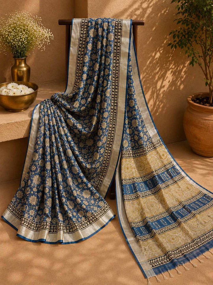 Blue Floral Hand Block Print Linen Cotton Saree
