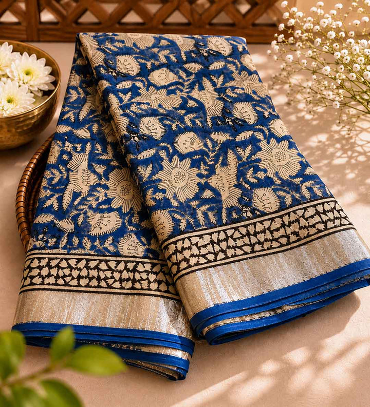 Blue Floral Hand Block Print Linen Cotton Saree