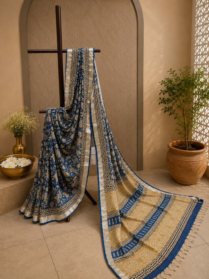 Blue Floral Hand Block Print Linen Cotton Saree