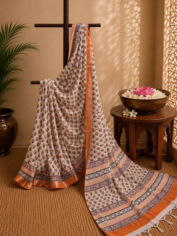 Ivory White And Orange Floral Hand Block Print Linen Cotton Saree