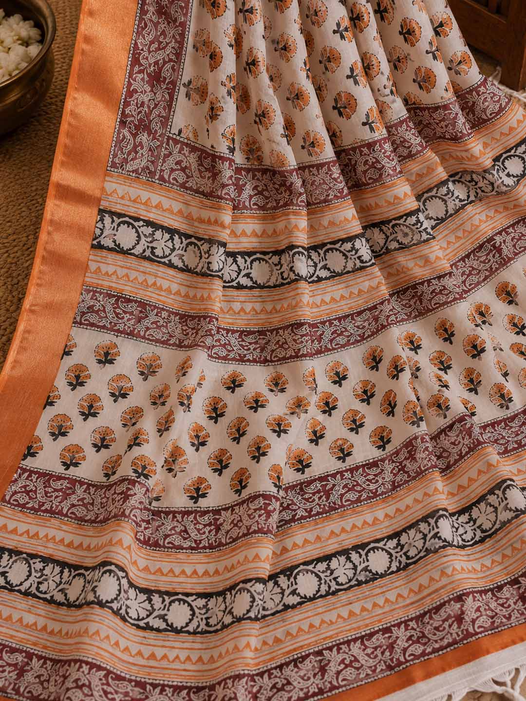 Ivory White And Orange Floral Hand Block Print Linen Cotton Saree