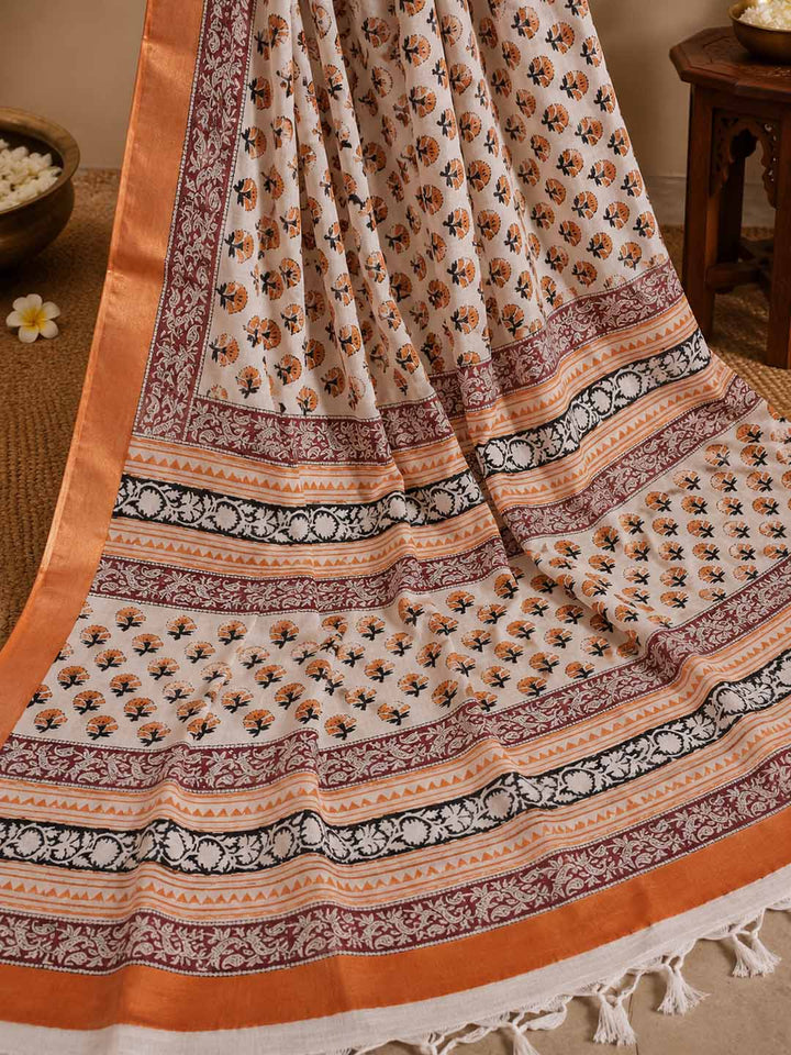 Ivory White And Orange Floral Hand Block Print Linen Cotton Saree