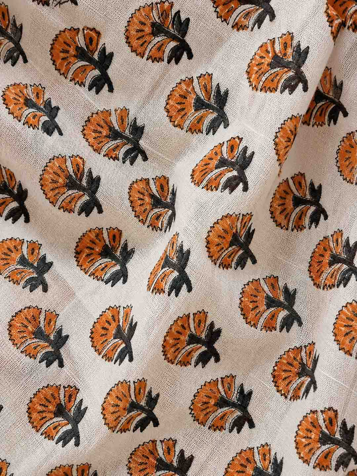 Ivory White And Orange Floral Hand Block Print Linen Cotton Saree