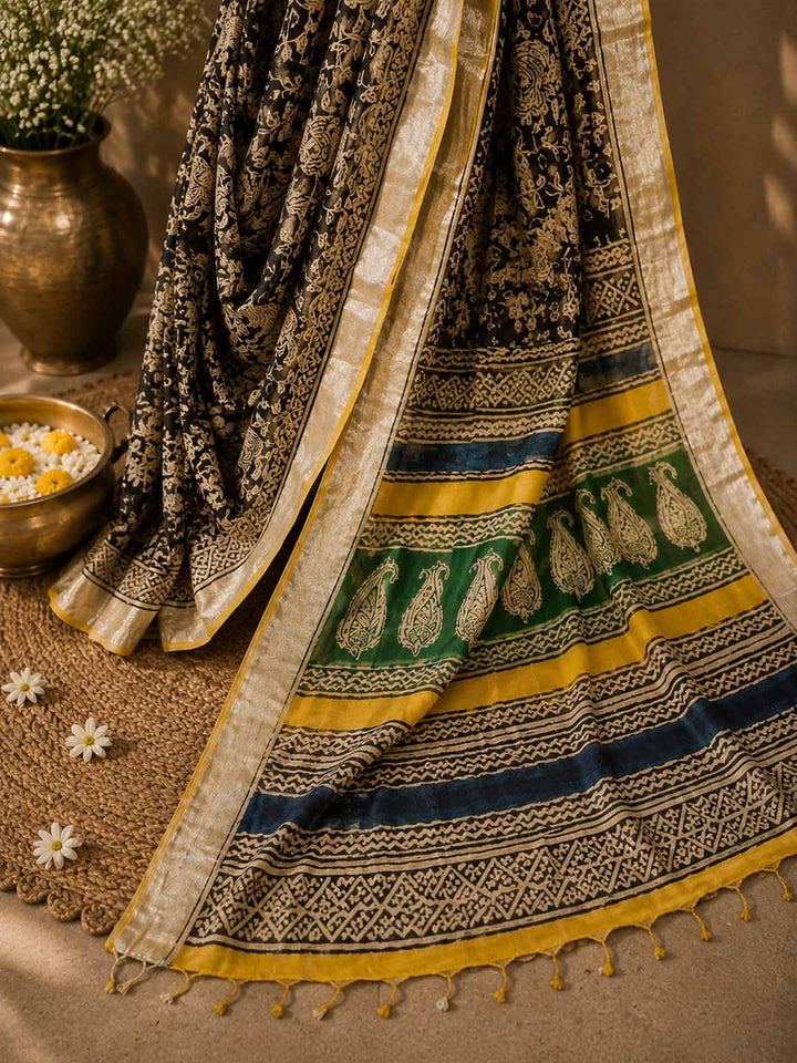 Black Floral Hand Block Print Linen Cotton Saree
