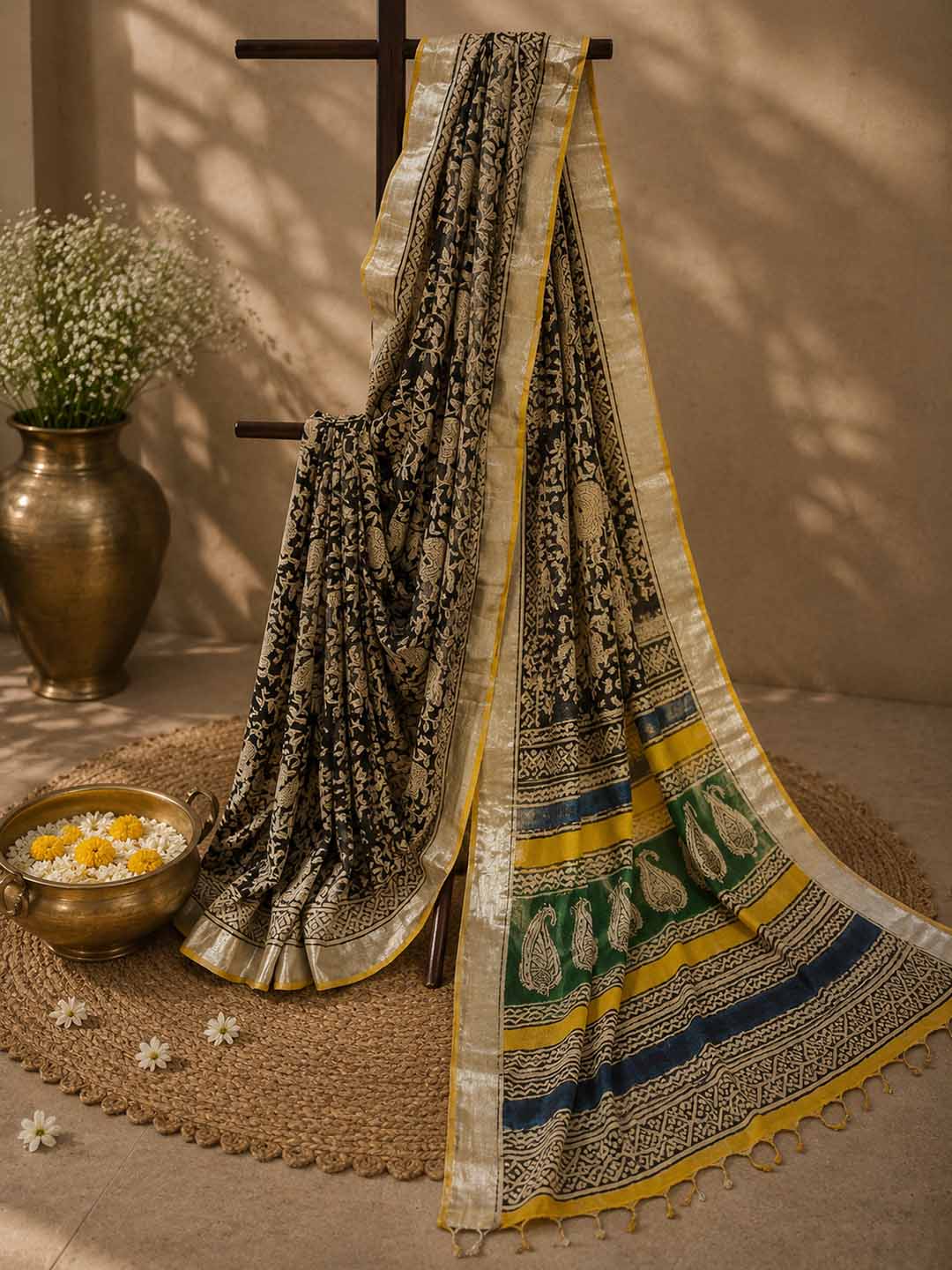 Black Floral Hand Block Print Linen Cotton Saree