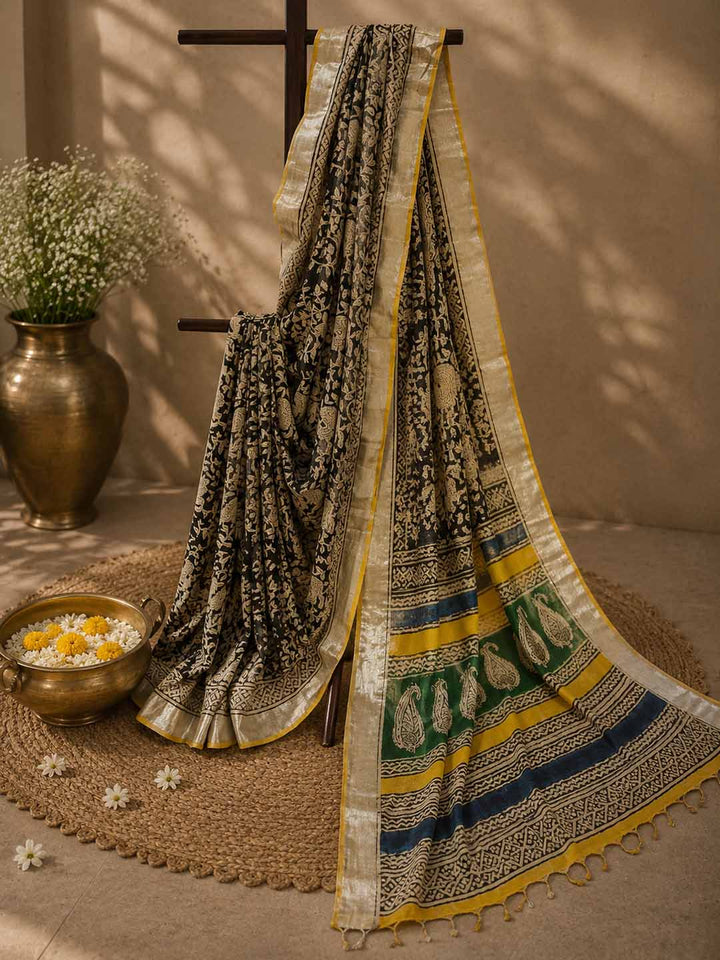 Black Floral Hand Block Print Linen Cotton Saree