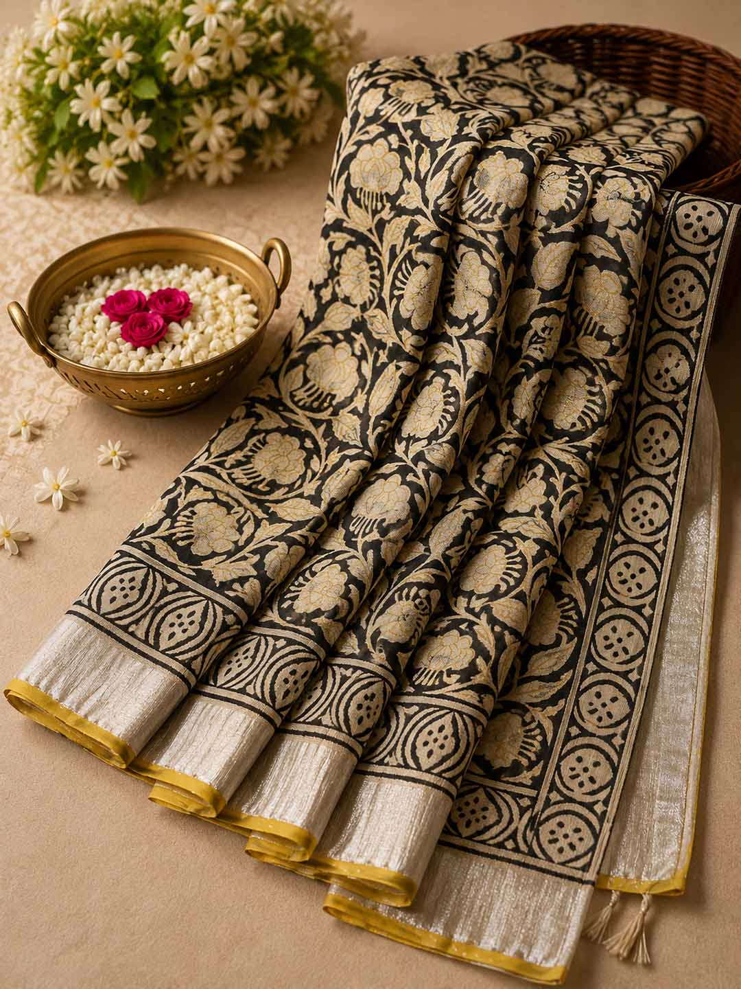 Black Floral Hand Block Print Linen Cotton Saree