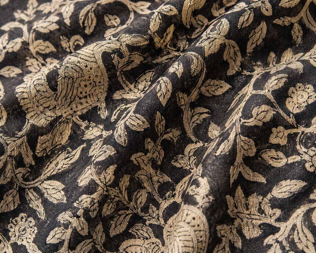 Black Floral Hand Block Print Linen Cotton Saree