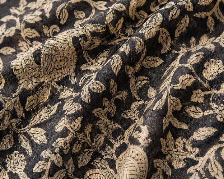 Black Floral Hand Block Print Linen Cotton Saree