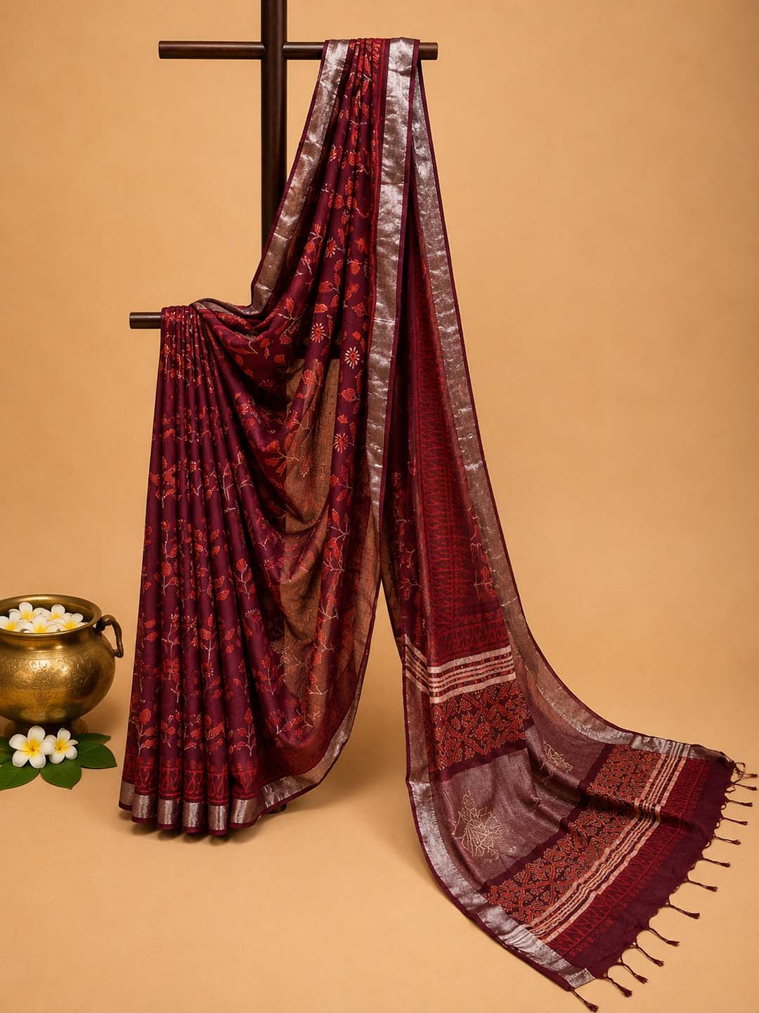 Maroon  Floral Hand Block Print Linen Cotton Saree