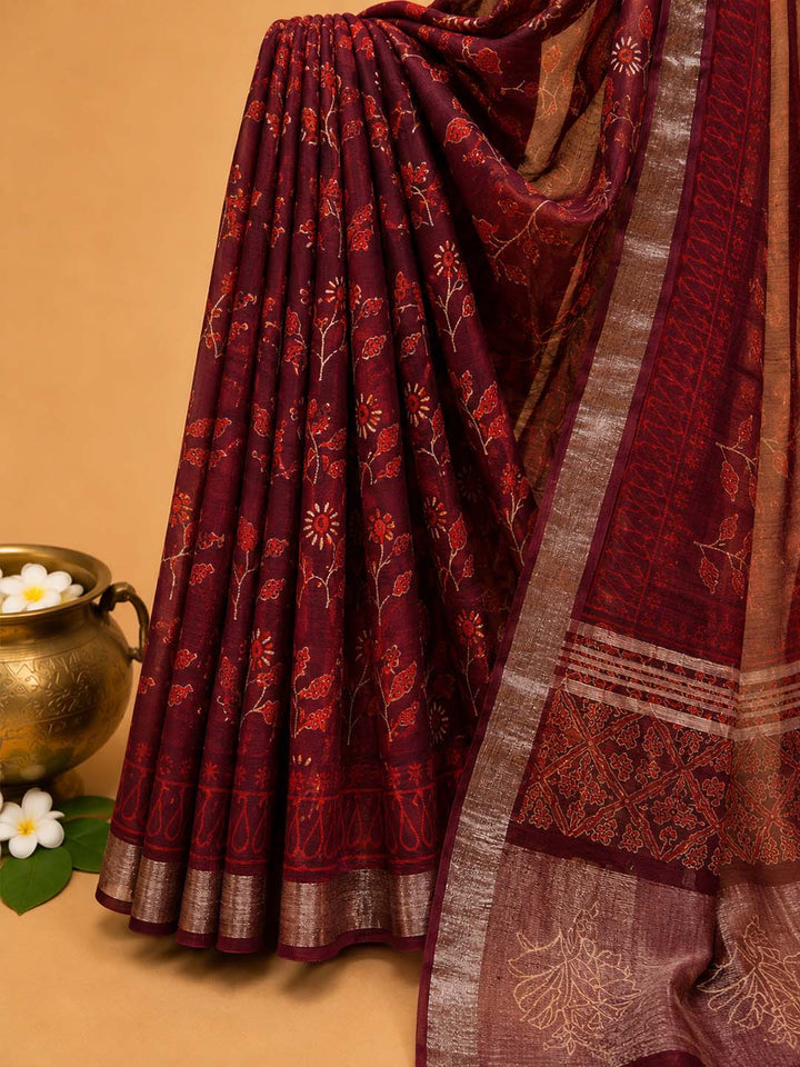 Maroon  Floral Hand Block Print Linen Cotton Saree