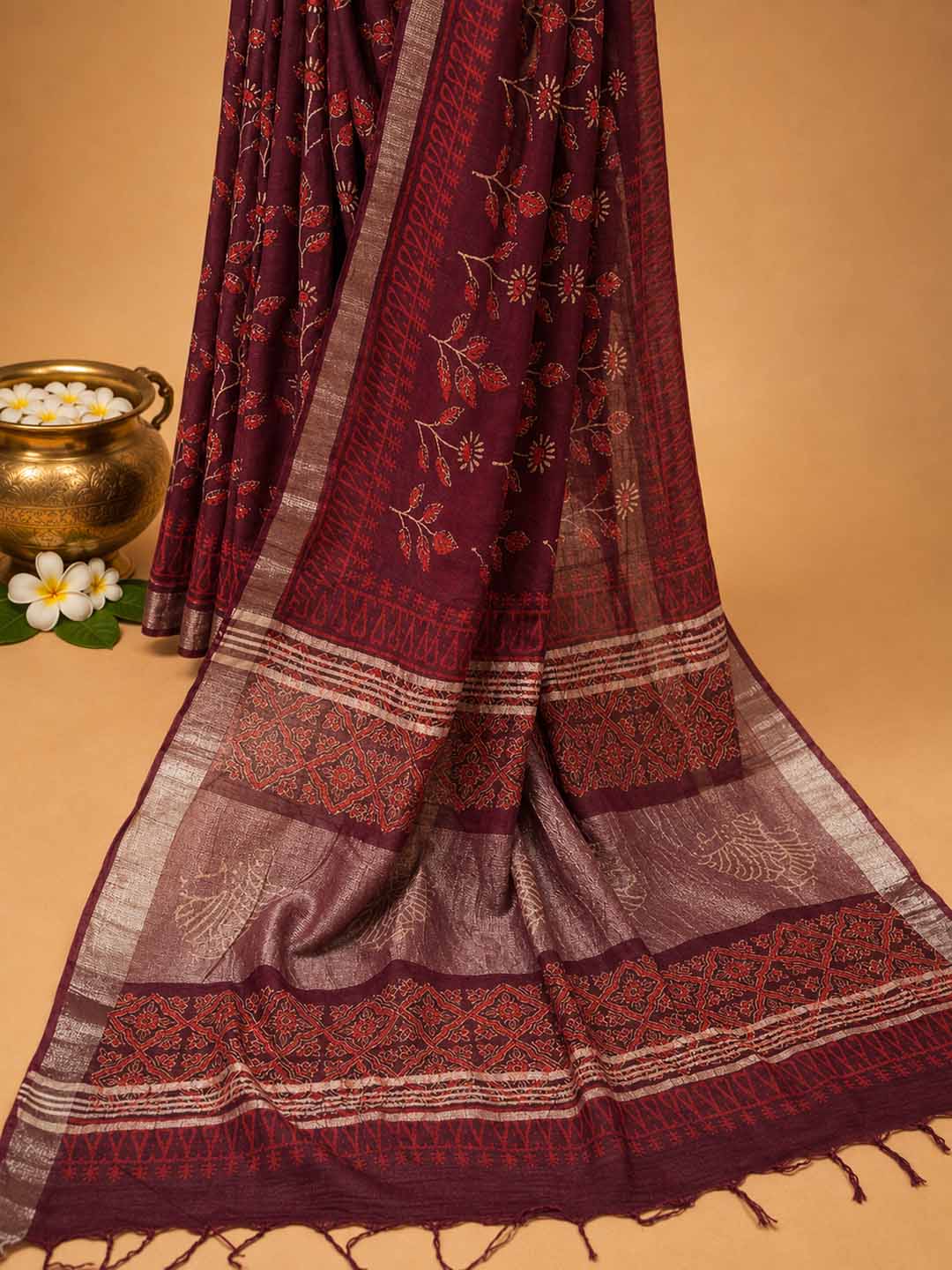 Maroon  Floral Hand Block Print Linen Cotton Saree