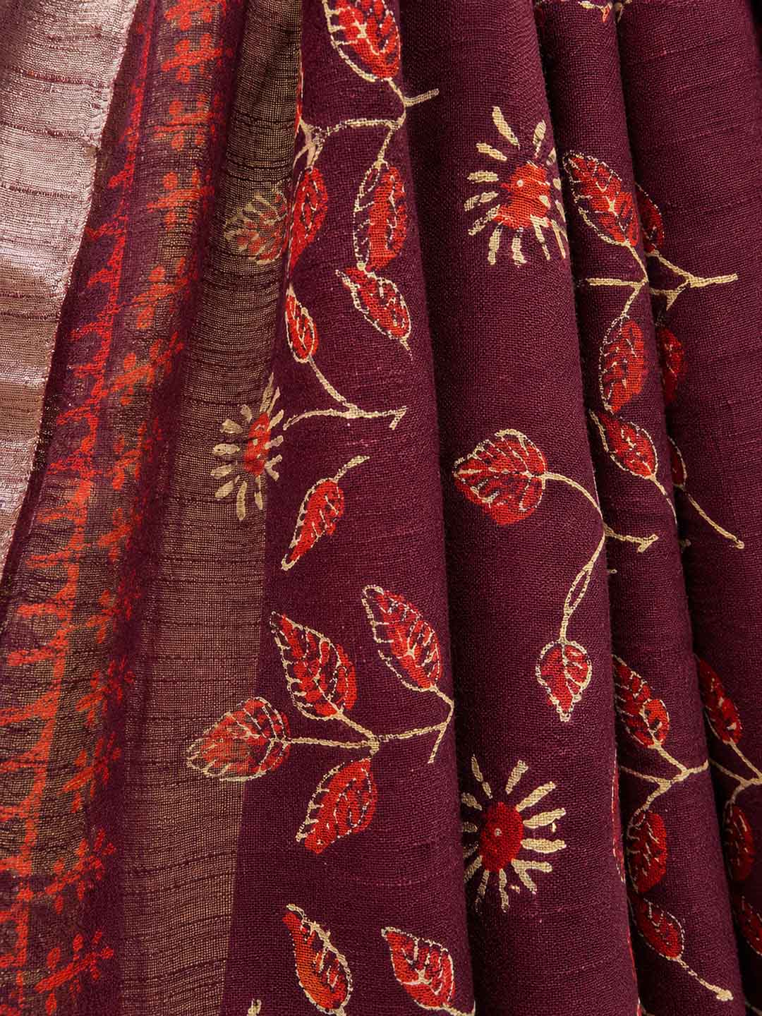 Maroon  Floral Hand Block Print Linen Cotton Saree