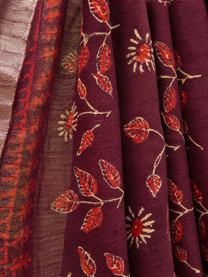 Maroon  Floral Hand Block Print Linen Cotton Saree