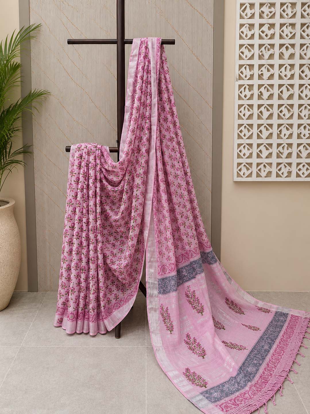 Pink  Floral Hand Block Print Linen Cotton Saree