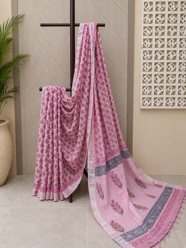Pink  Floral Hand Block Print Linen Cotton Saree