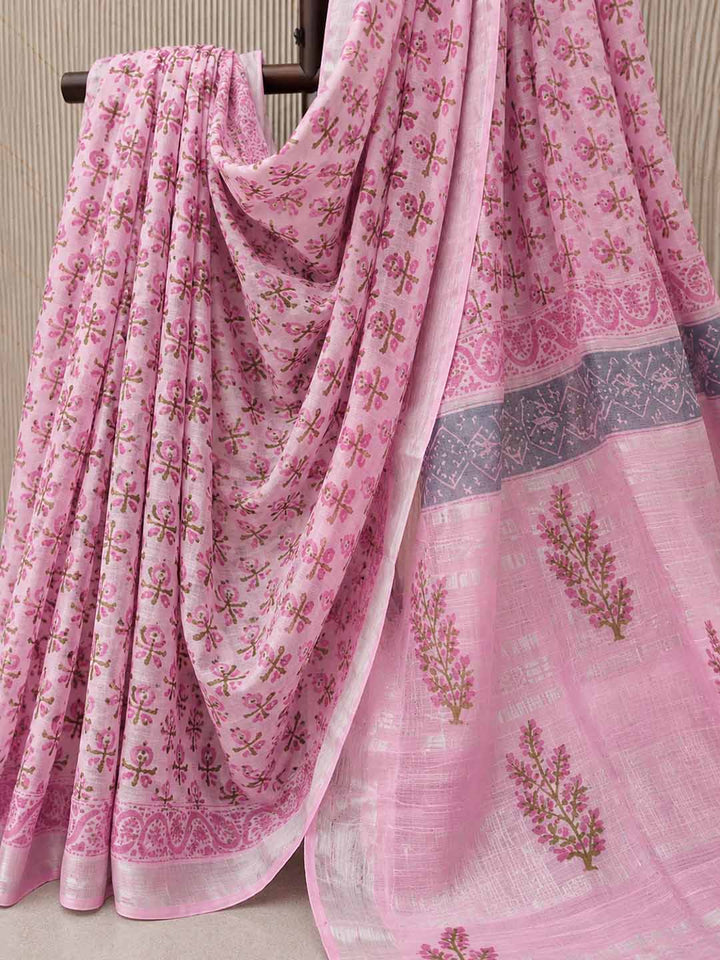 Pink  Floral Hand Block Print Linen Cotton Saree