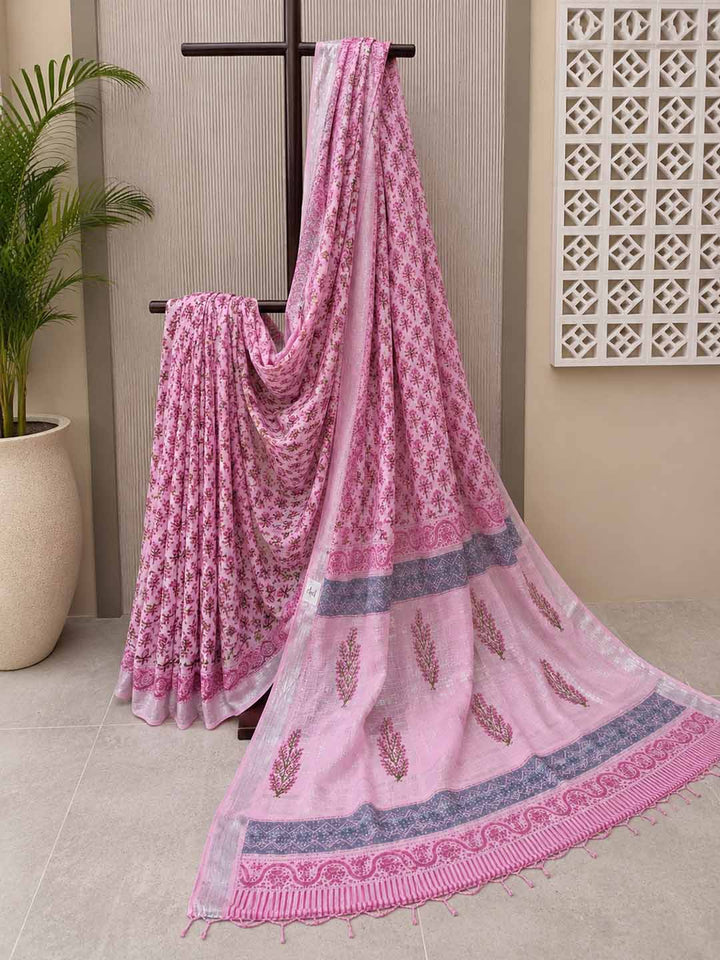 Pink  Floral Hand Block Print Linen Cotton Saree