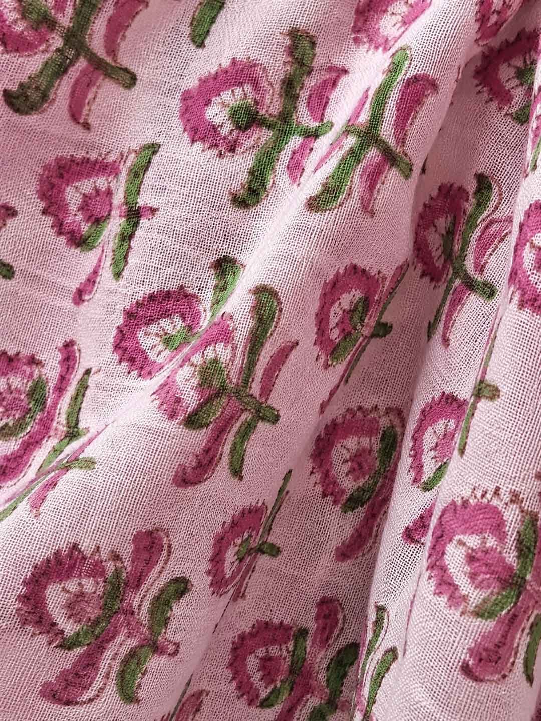 Pink  Floral Hand Block Print Linen Cotton Saree
