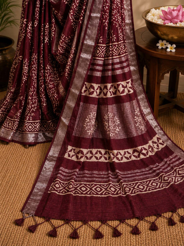 Maroon Hand Block Print Linen Cotton Saree