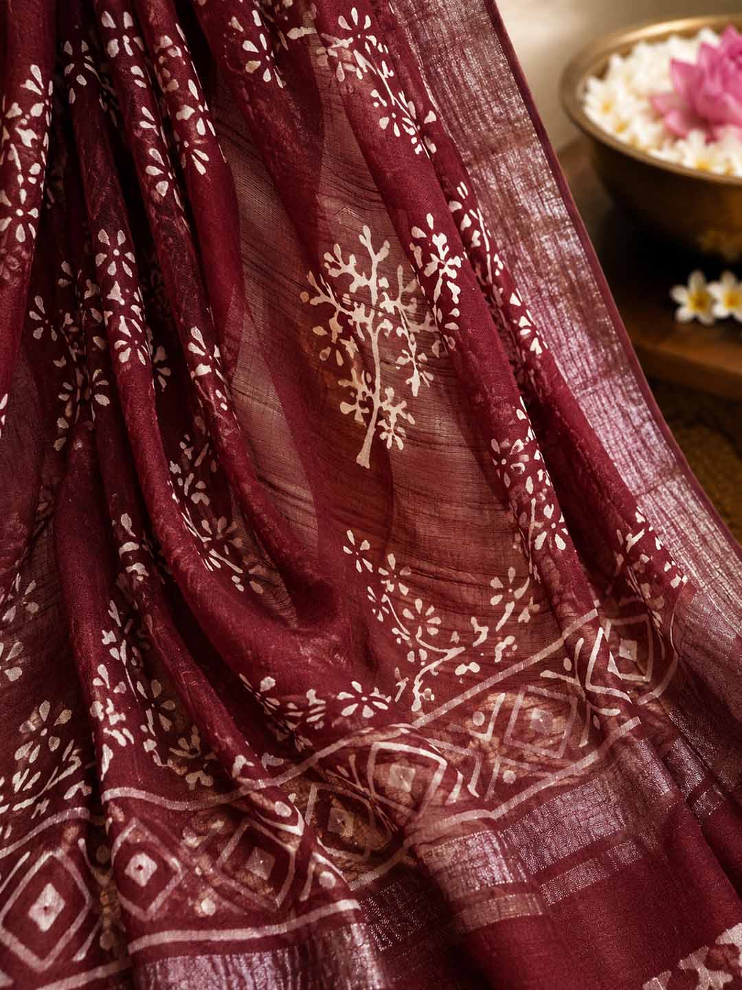 Maroon Hand Block Print Linen Cotton Saree