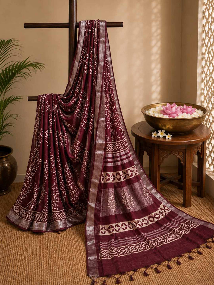 Maroon Hand Block Print Linen Cotton Saree
