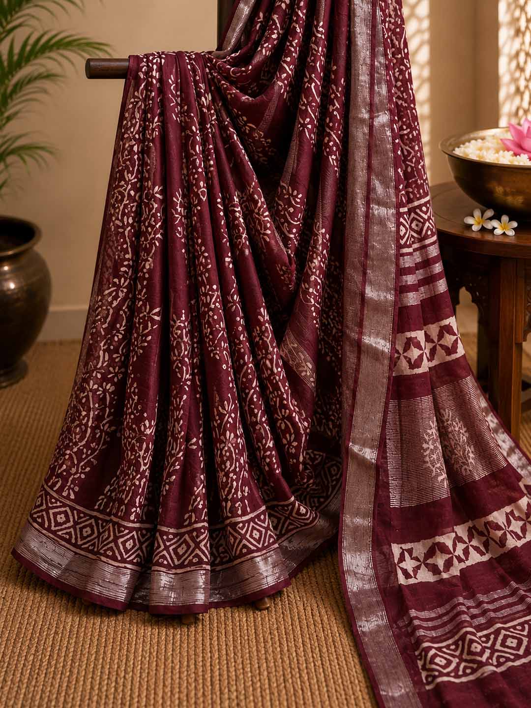 Maroon Hand Block Print Linen Cotton Saree