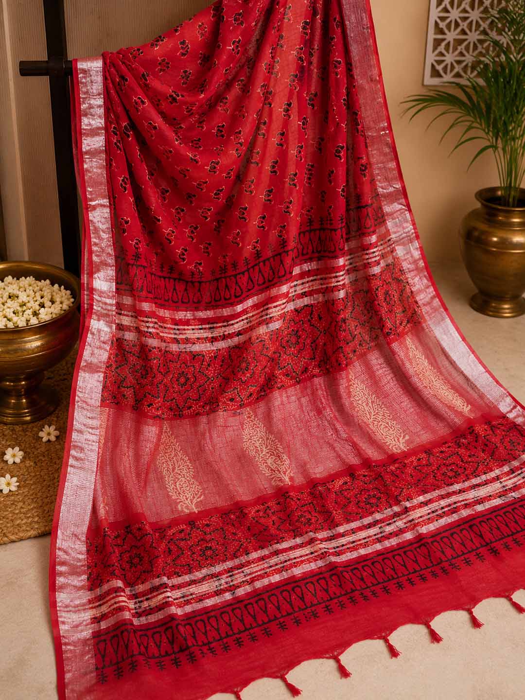 Red  Lotus Hand Block Print Linen Cotton Saree