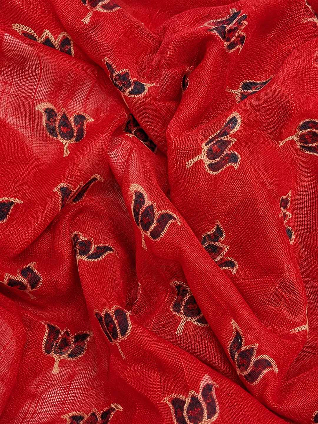 Red  Lotus Hand Block Print Linen Cotton Saree