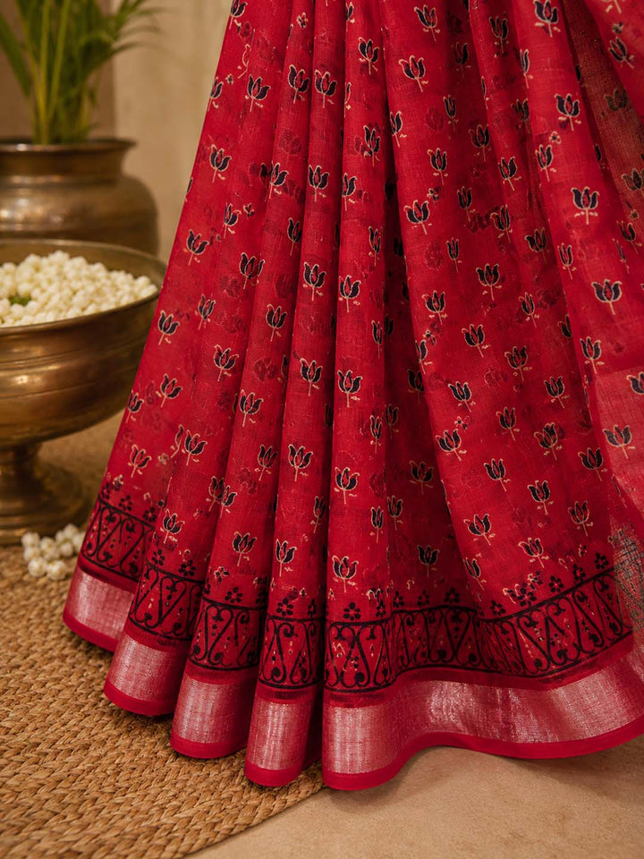 Red  Lotus Hand Block Print Linen Cotton Saree