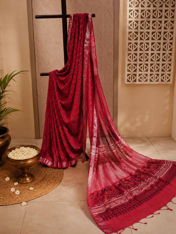 Red  Lotus Hand Block Print Linen Cotton Saree