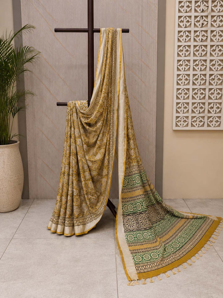 Mustard Yellow And Nude Block Print Saree