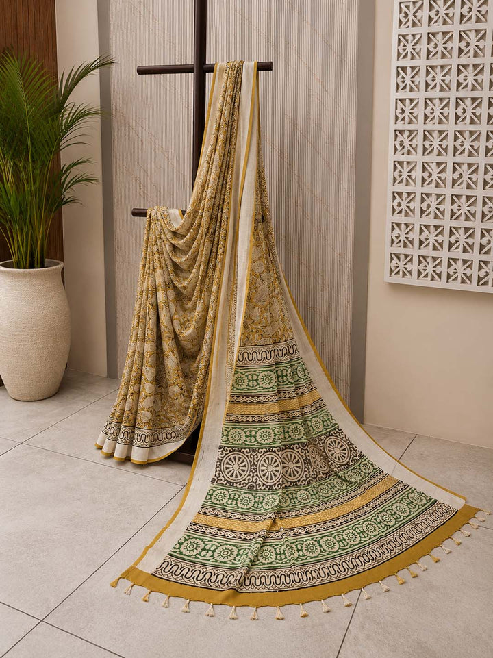 Mustard Yellow And Nude Block Print Saree